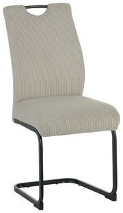 Moderner Schwingstuhl mit hellgrauem, geripptem Stoffbezug und schwarzem Metallgestell, seitliche Perspektive