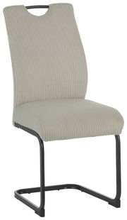 Moderner Schwingstuhl mit hellgrauem, geripptem Stoffbezug und schwarzem Metallgestell, seitliche Perspektive