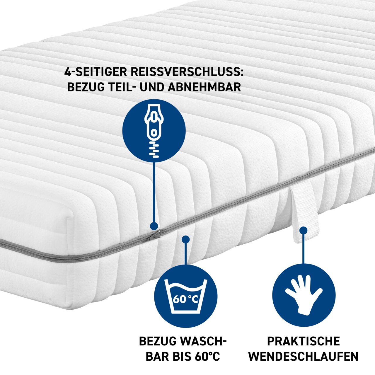 Kaltschaummatratze H2 mit abnehmbarem Bezug, waschbar bis 60°C, praktische Wendeschlaufen, seitliche Perspektive