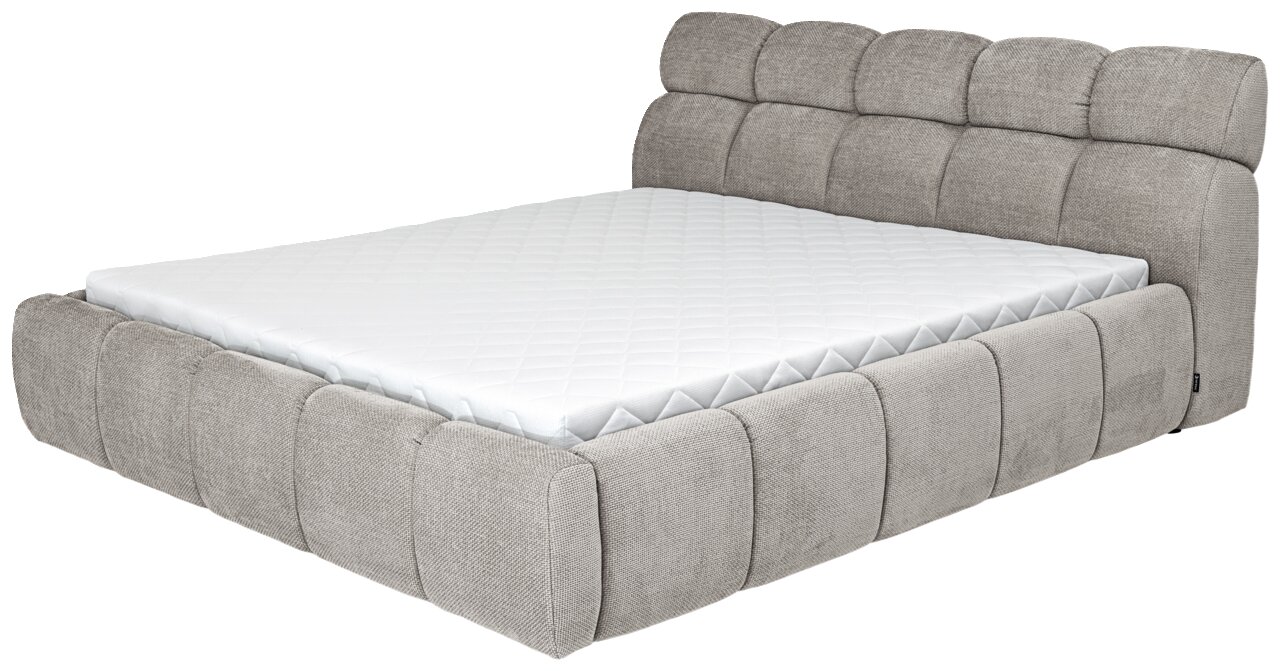Graues Polsterbett mit gestepptem Kopfteil und Matratze, seitliche Perspektive
