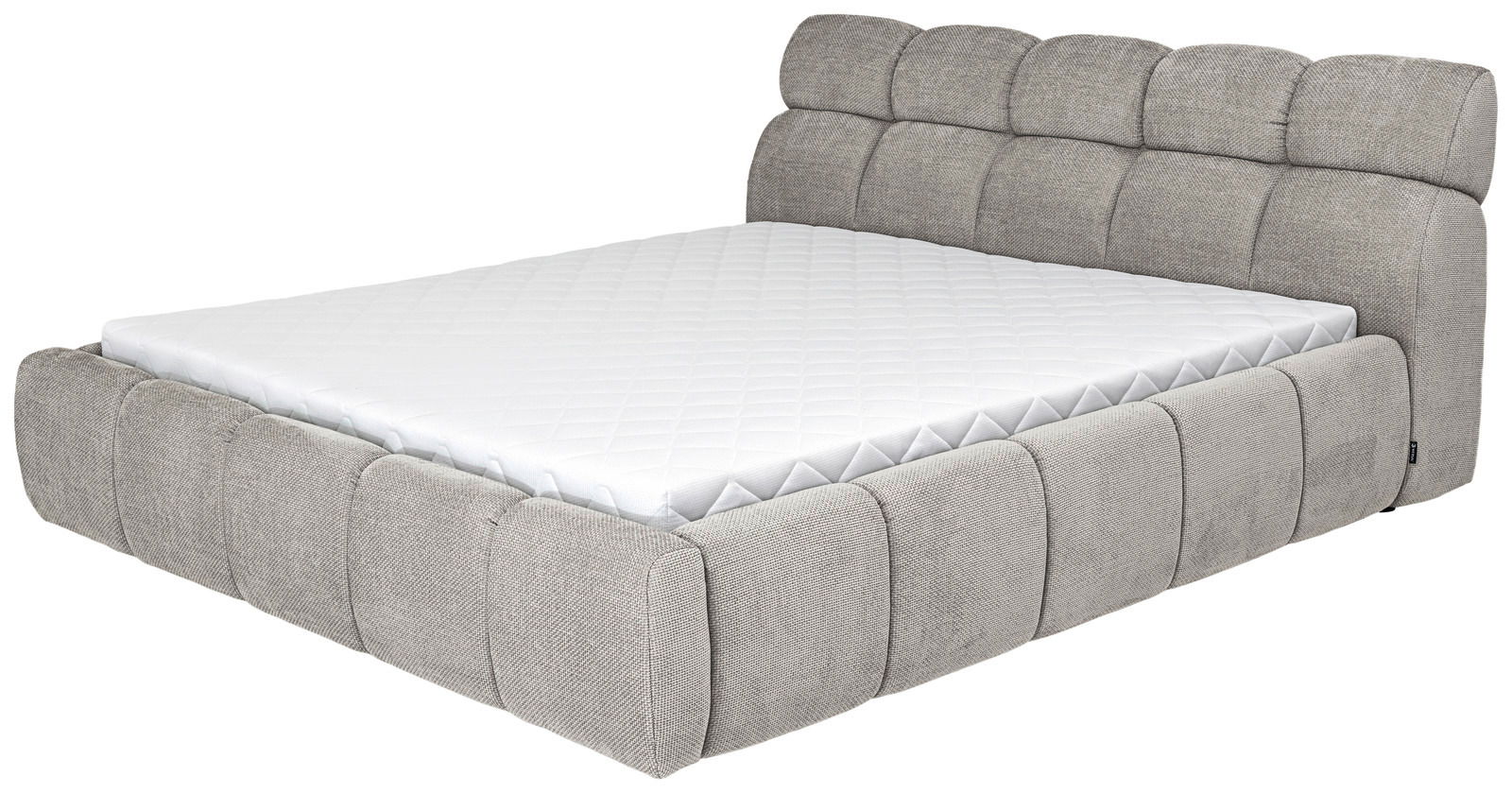 Graues Polsterbett mit gestepptem Kopfteil und Matratze, seitliche Perspektive