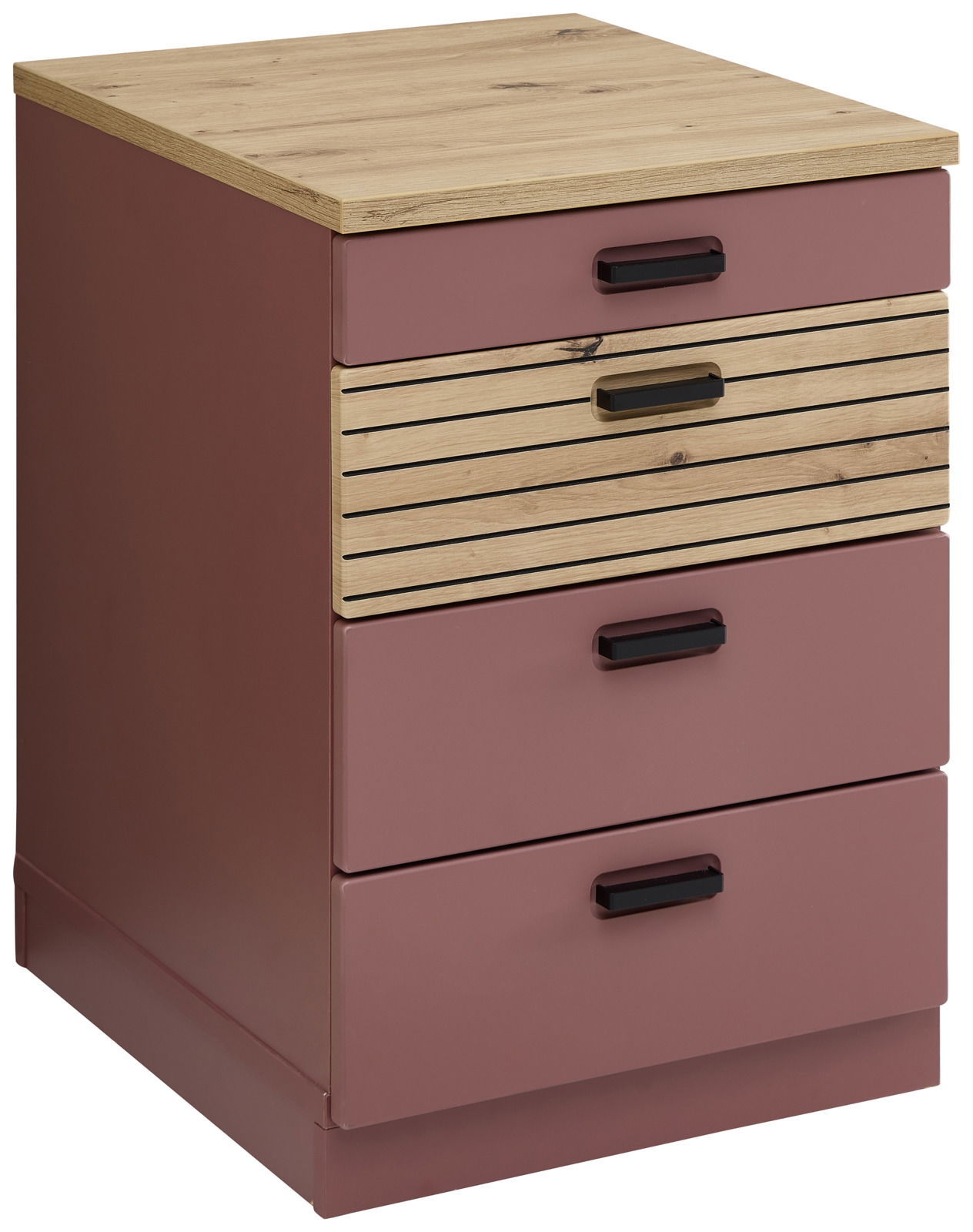 Voleo Rollcontainer GLENN Rollcontainer mit vier Schubladen, obere Schublade mit Holzlamellen, in einer schrägen Perspektive von vorne links.