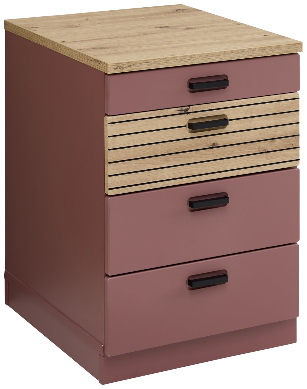 Rollcontainer mit vier Schubladen, obere Schublade mit Holzlamellen, in einer schrägen Perspektive von vorne links.