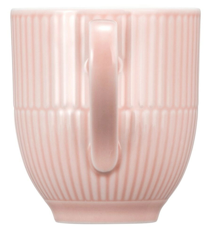 Rosa Kaffeebecher mit Henkel, vertikale Rillenstruktur, Seitenansicht