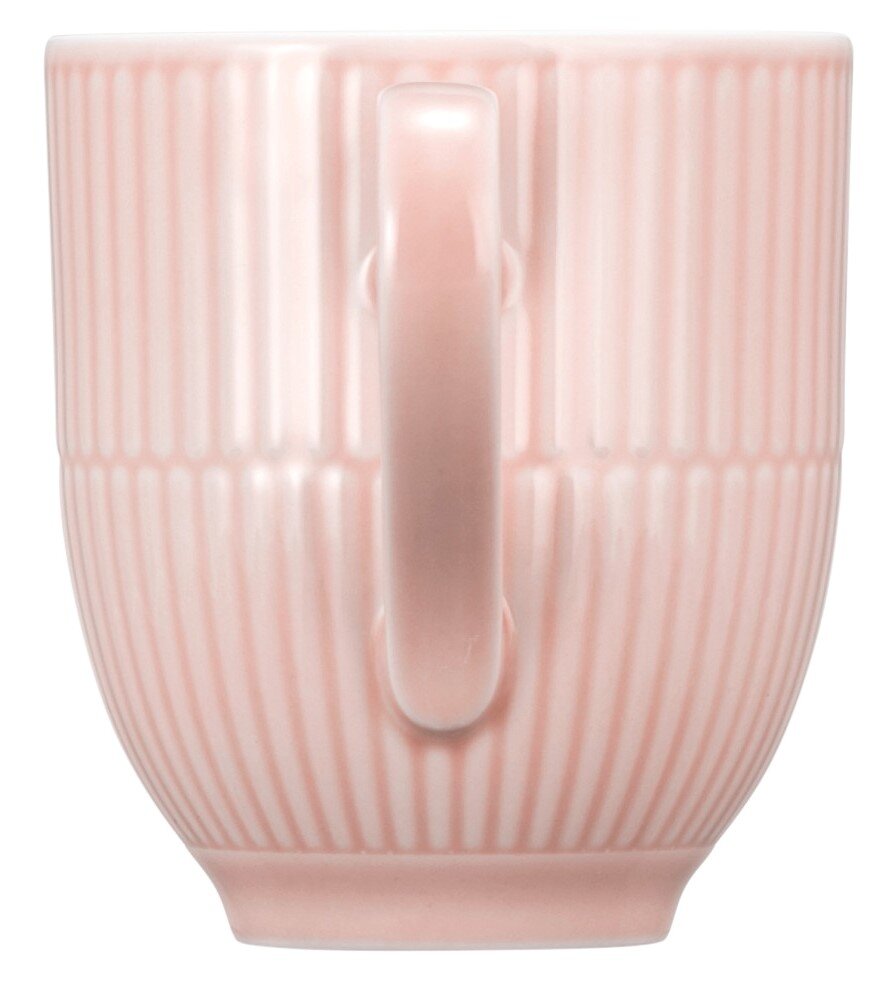 Rosa Kaffeebecher mit Henkel, vertikale Rillenstruktur, Seitenansicht