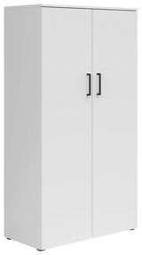 Weißer Mehrzweckschrank mit zwei Türen und schwarzen Griffen, seitliche Perspektive