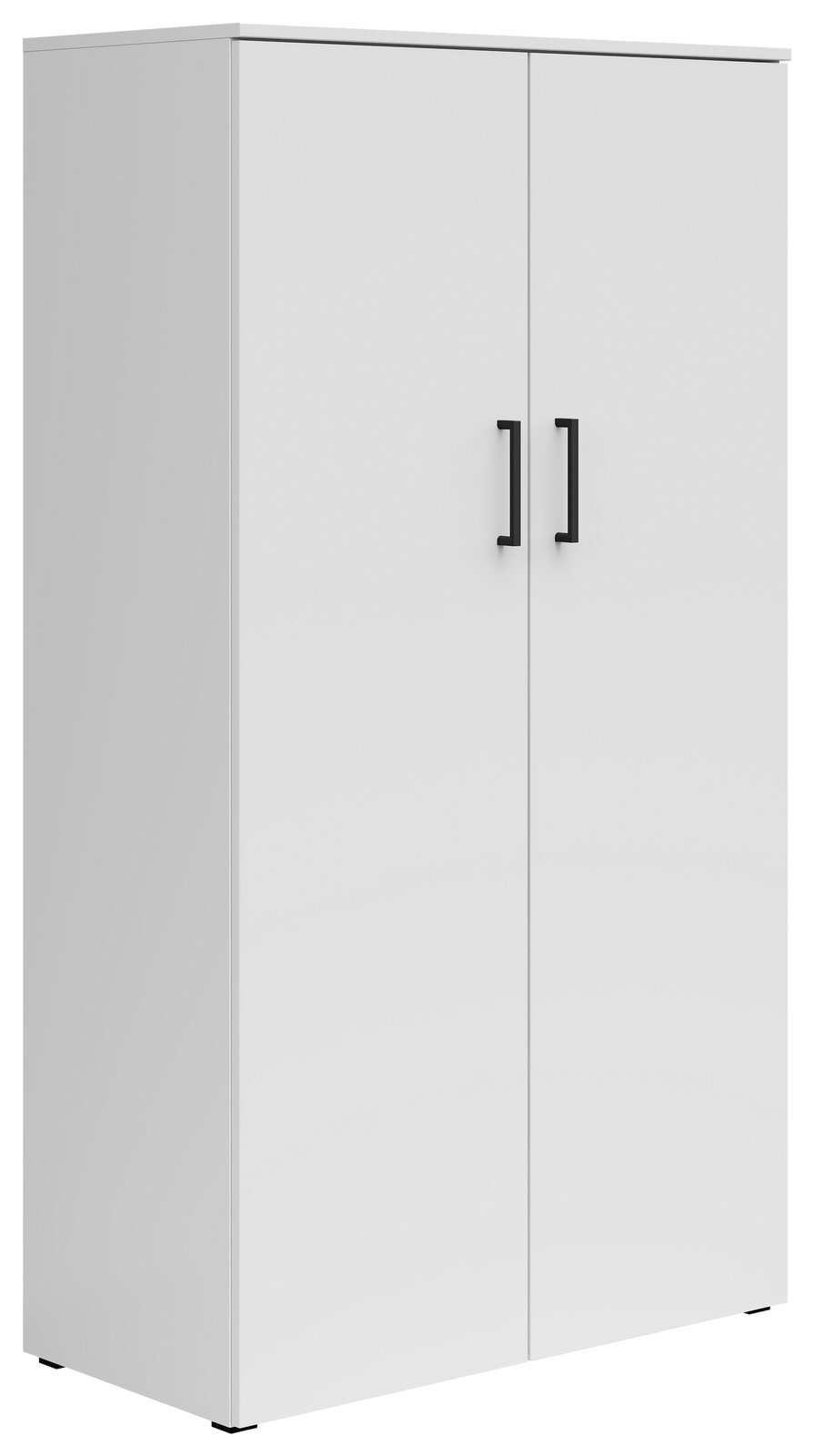 Carryhome Mehrzweckschrank MULTISTAURAUM Weißer Mehrzweckschrank mit zwei Türen und schwarzen Griffen, seitliche Perspektive