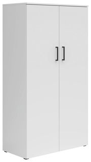 Weißer Mehrzweckschrank mit zwei Türen und schwarzen Griffen, seitliche Perspektive