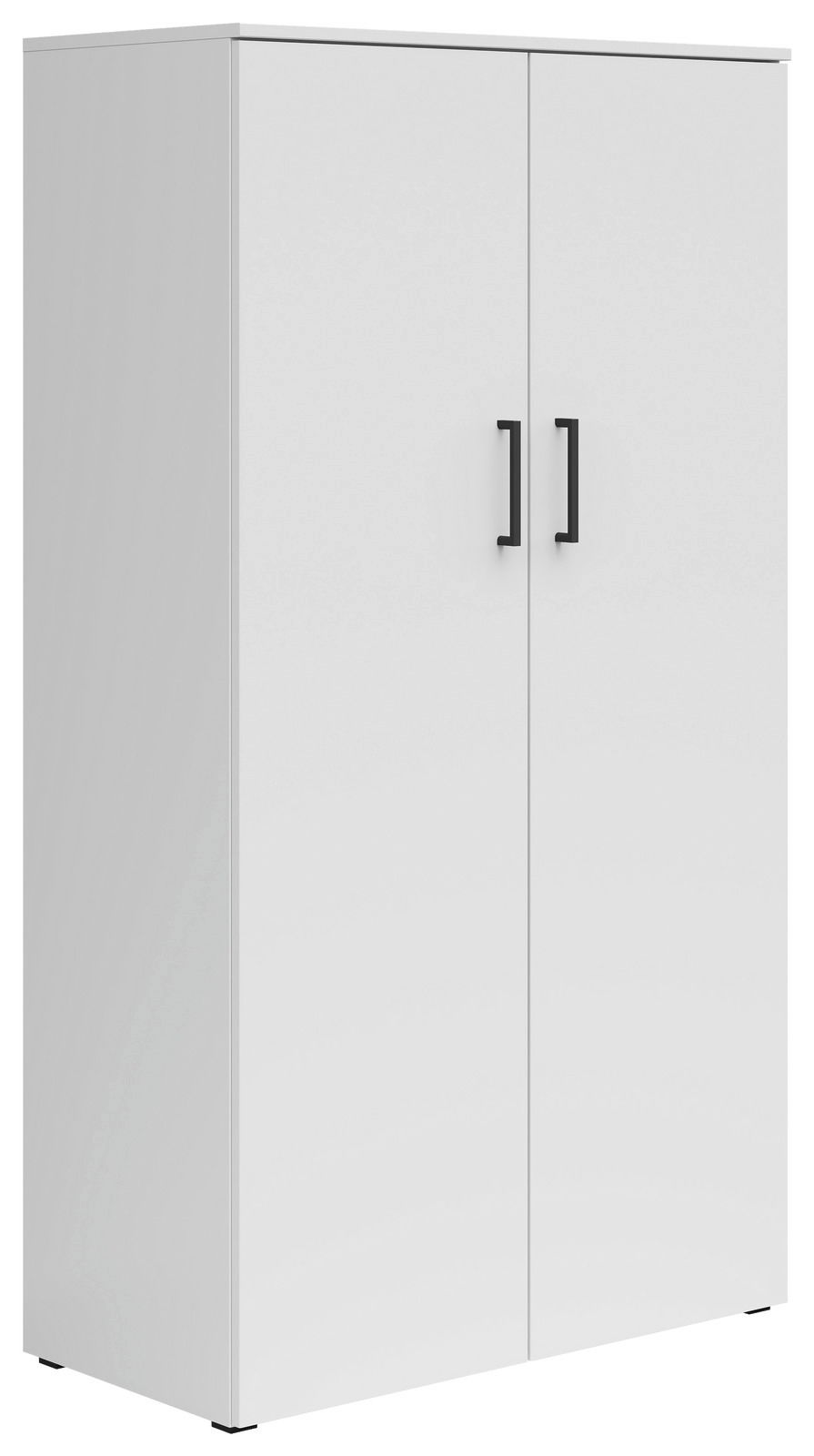 Weißer Mehrzweckschrank mit zwei Türen und schwarzen Griffen, seitliche Perspektive