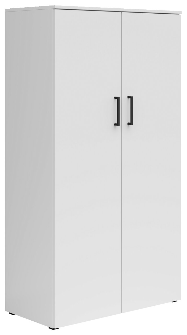 Carryhome Mehrzweckschrank MULTISTAURAUM Weißer Mehrzweckschrank mit zwei Türen und schwarzen Griffen, seitliche Perspektive