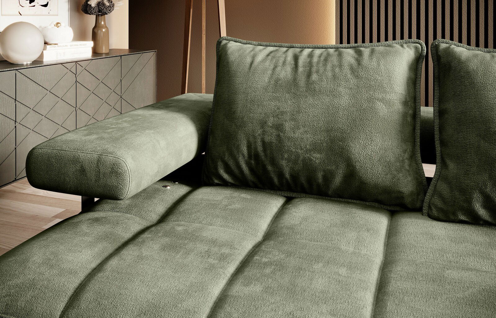 Grüne Longchairkombination mit weichen Kissen, seitliche Perspektive