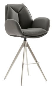 Moderner Barstuhl mit gepolstertem Sitz in Dunkelgrau und Metallbeinen, seitliche Perspektive