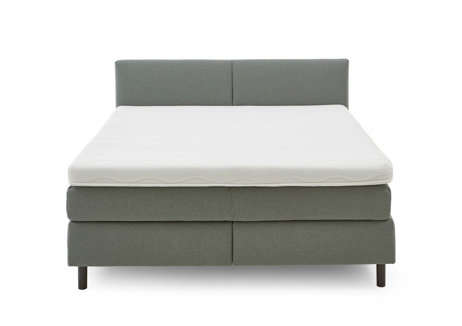 Frontale Ansicht eines Boxspringbetts BX 180/200 mit grauem Stoffbezug und weißer Matratze.