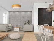 Moderne houten plafondlamp in een stijlvolle woonkamer, van onderaf gezien.