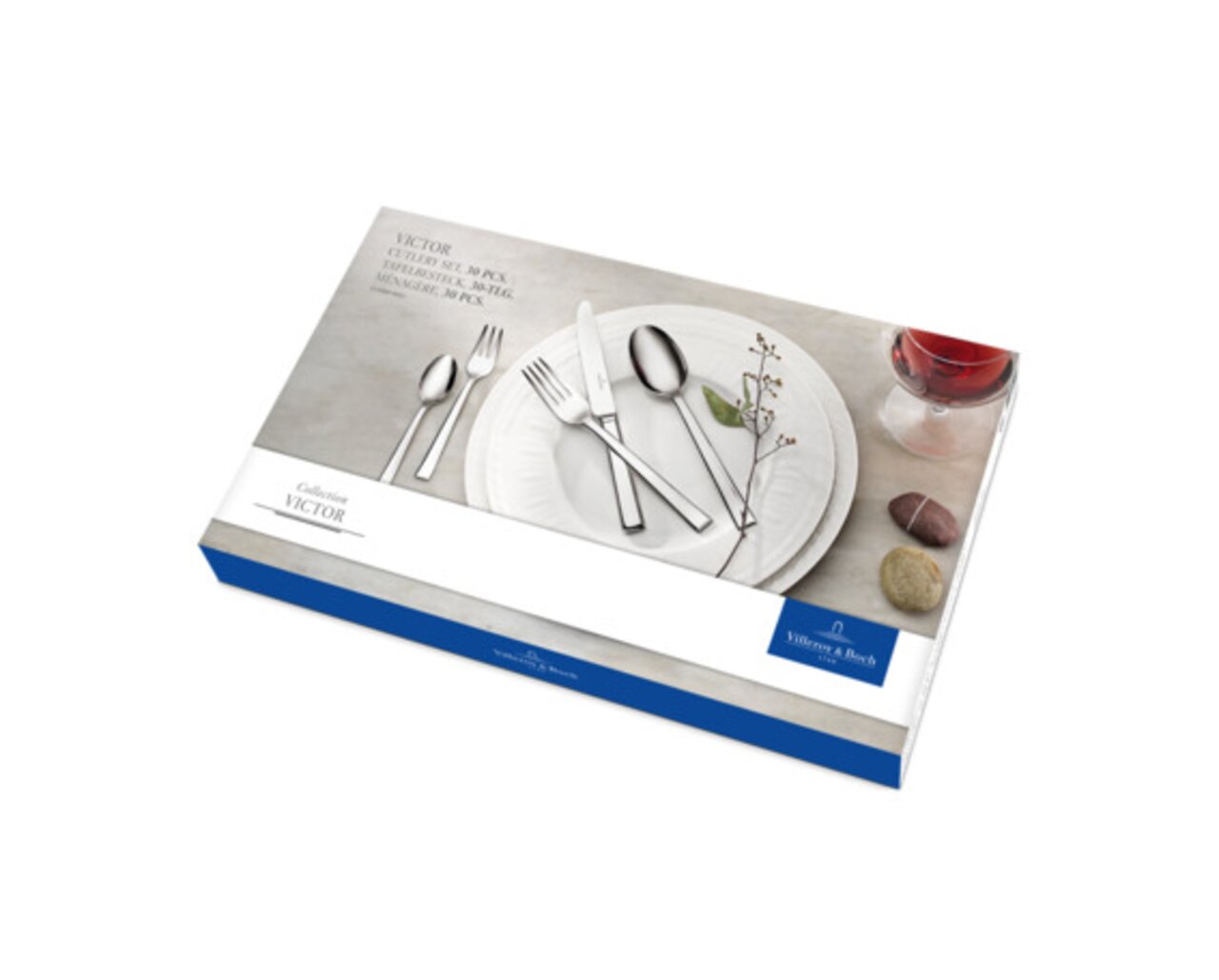 Verpackung des 30-teiligen Tafelbestecks Victor, schräg von oben fotografiert, mit Gabel, Messer und Löffel auf einem Teller abgebildet.