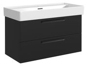 Modernes Waschtisch-Set mit weißem Waschbecken und schwarzem Unterschrank, seitliche Perspektive