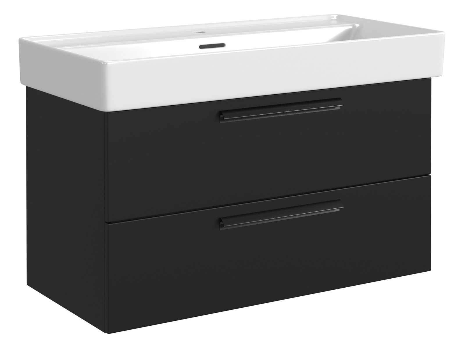 Modernes Waschtisch-Set mit weißem Waschbecken und schwarzem Unterschrank, seitliche Perspektive