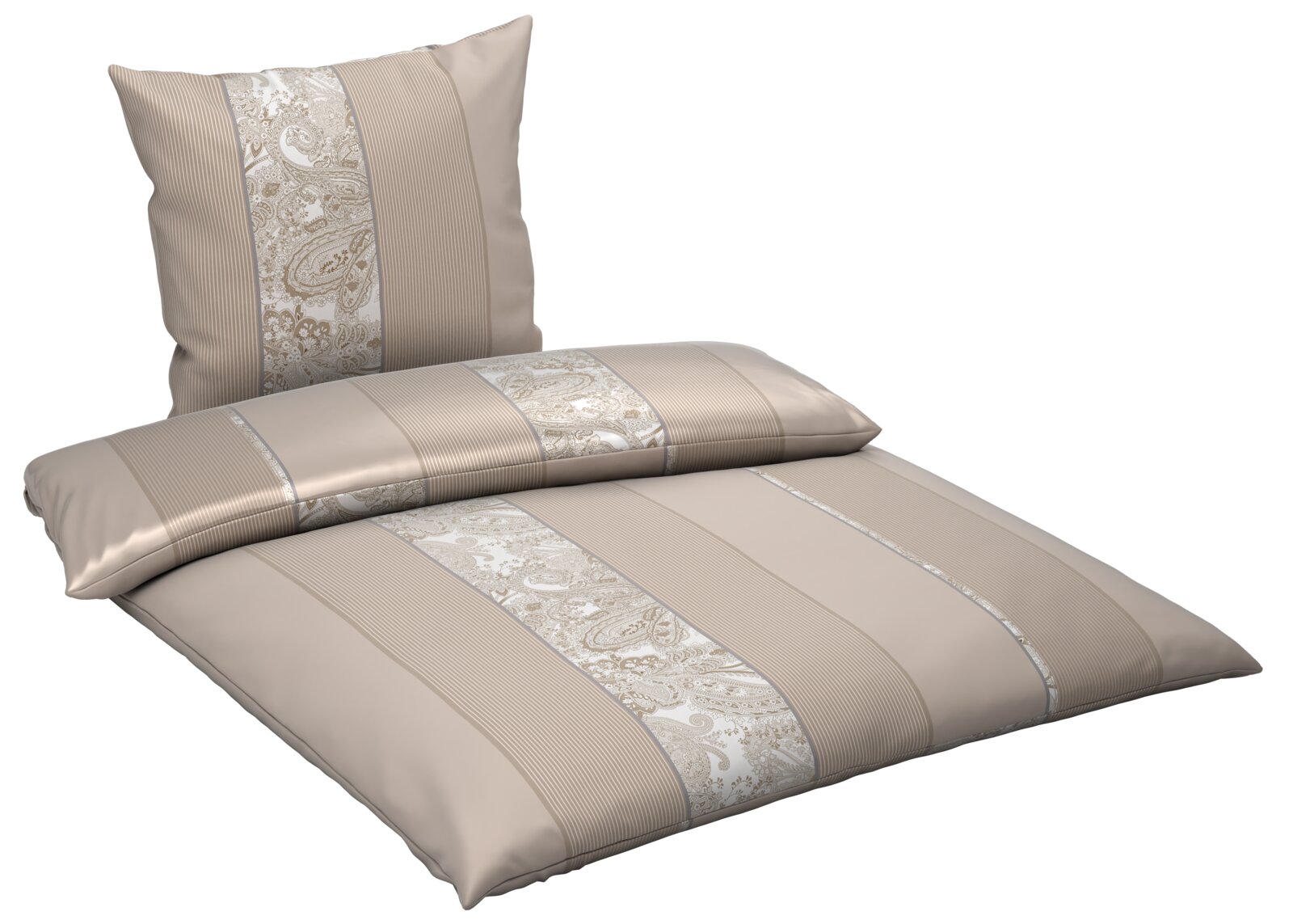 Beige Bettwäsche-Set mit Streifen und Paisley-Muster, bestehend aus Deckenbezug und Kissenbezug, in schräger Vorderansicht