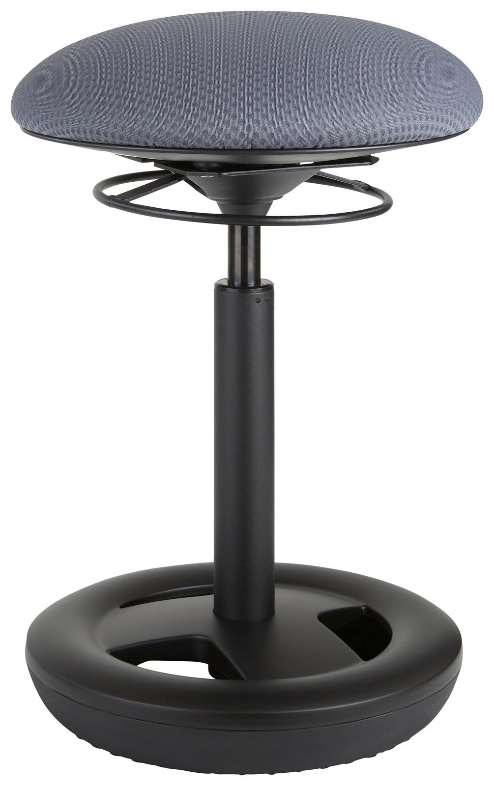 Schwinghocker mit grauem Sitzpolster und schwarzem Standfuß, seitliche Perspektive