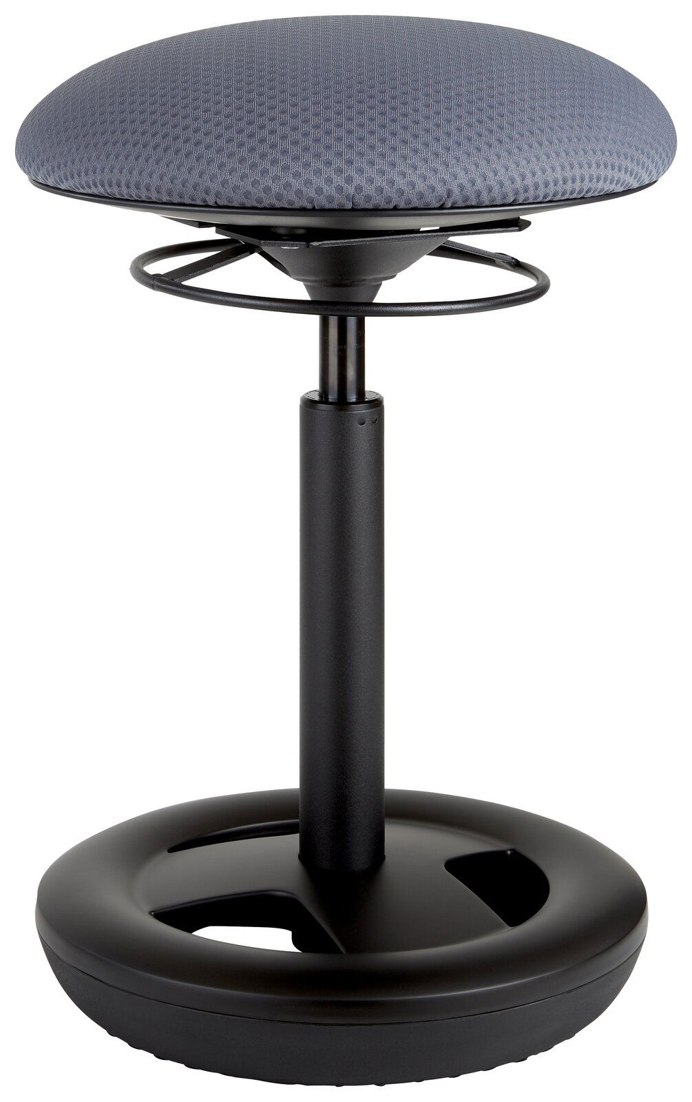 Sitness Schwinghocker / Stehhilfe CREATIV Schwinghocker mit grauem Sitzpolster und schwarzem Standfuß, seitliche Perspektive