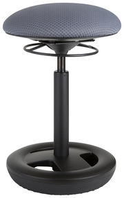 Schwinghocker mit grauem Sitzpolster und schwarzem Standfuß, seitliche Perspektive