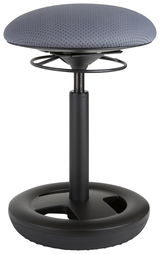 Schwinghocker mit grauem Sitzpolster und schwarzem Standfuß, seitliche Perspektive