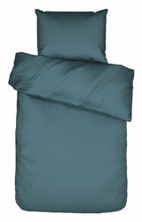 Bettwäsche-Set in Dunkelblau, bestehend aus einem Kissenbezug und einem Bettdeckenbezug, aus der Vogelperspektive fotografiert.