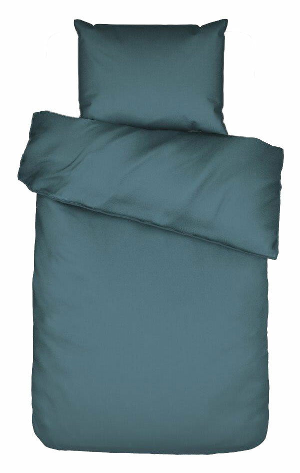 Bettwäsche-Set in Dunkelblau, bestehend aus einem Kissenbezug und einem Bettdeckenbezug, aus der Vogelperspektive fotografiert.