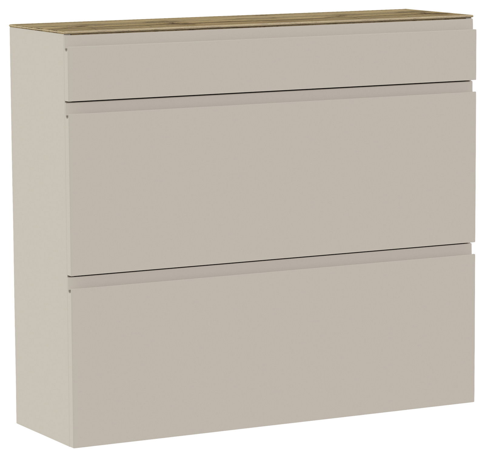 Moderner Hängeschuhschrank in Beige mit drei Fächern, seitliche Perspektive