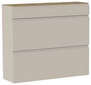 Moderner Hängeschuhschrank in Beige mit drei Fächern, seitliche Perspektive