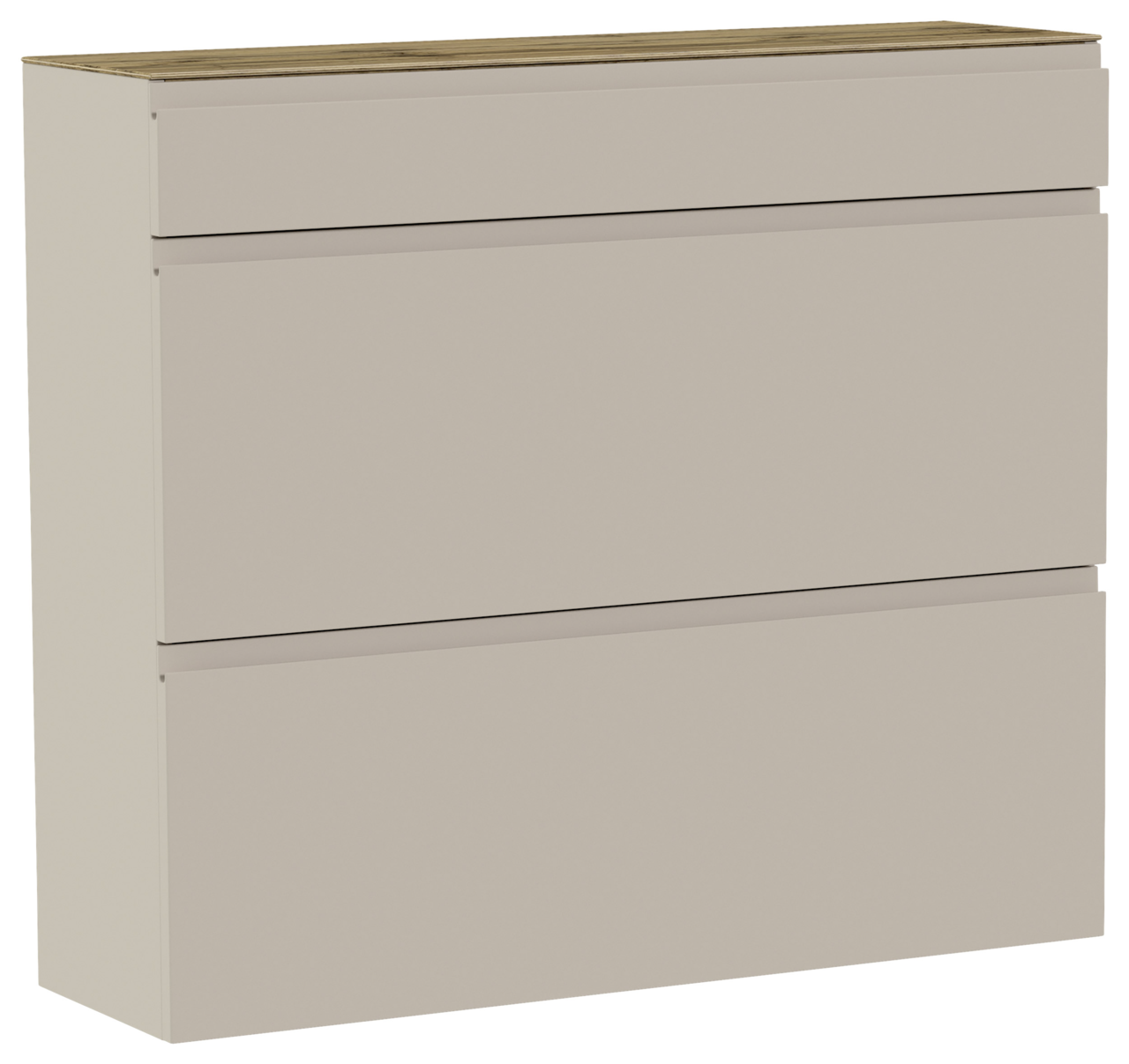 Moderner Hängeschuhschrank in Beige mit drei Fächern, seitliche Perspektive