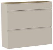 Moderner Hängeschuhschrank in Beige mit drei Fächern, seitliche Perspektive