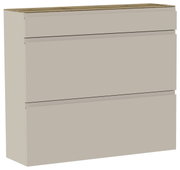 Moderner Hängeschuhschrank in Beige mit drei Fächern, seitliche Perspektive