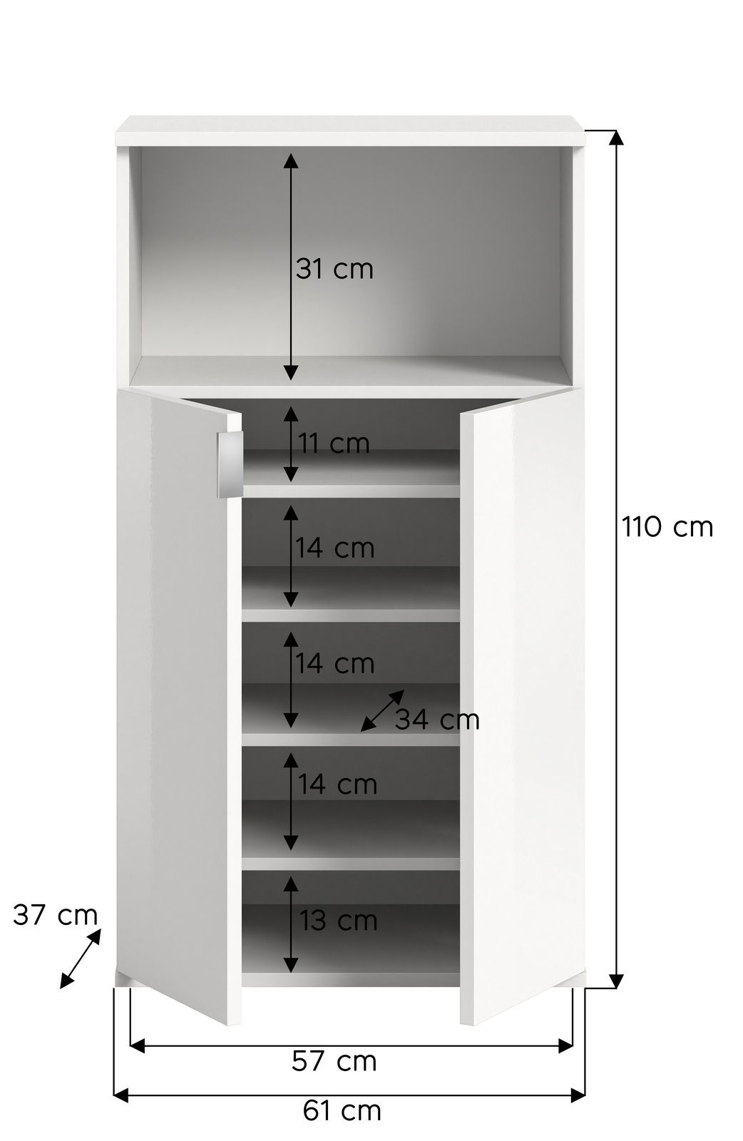 Weiße Schuhkommode mit zwei Türen, fünf Fächern und offenen Regalen, frontal abgebildet. Maße: 110 cm hoch, 61 cm breit, 37 cm tief.