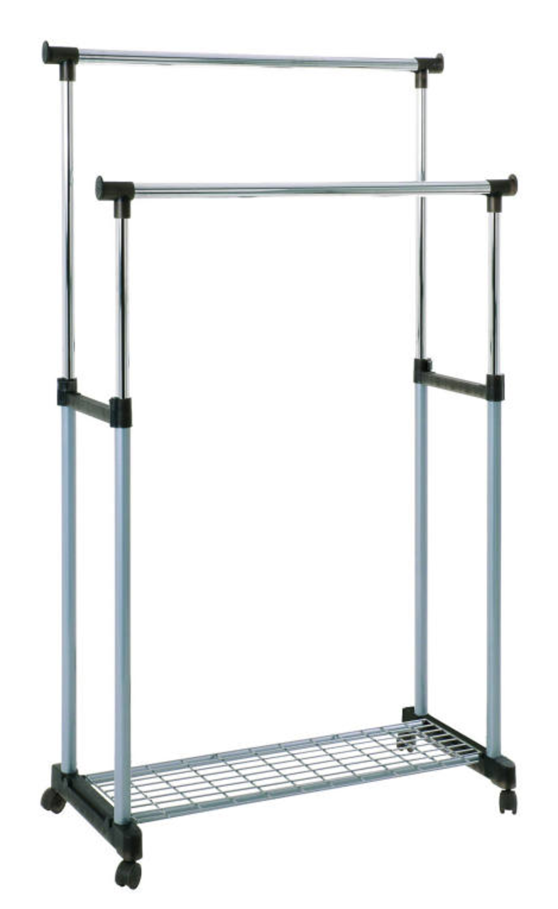 Rollgarderobe mit zwei Kleiderstangen und unterem Gitterboden, seitliche Perspektive