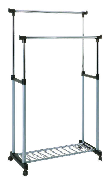 Rollgarderobe mit zwei Kleiderstangen und unterem Gitterboden, seitliche Perspektive