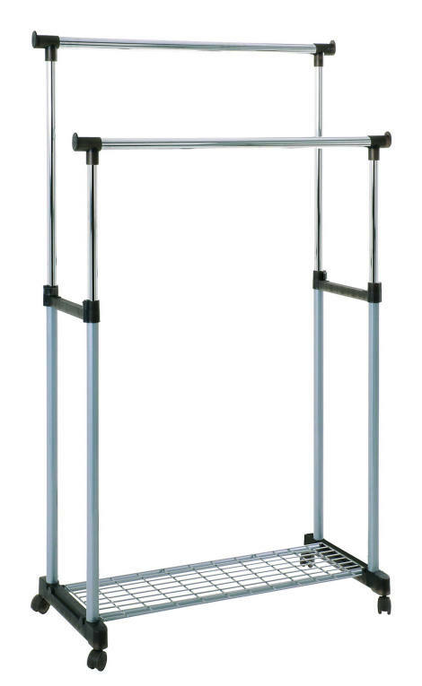 Rollgarderobe mit zwei Kleiderstangen und unterem Gitterboden, seitliche Perspektive