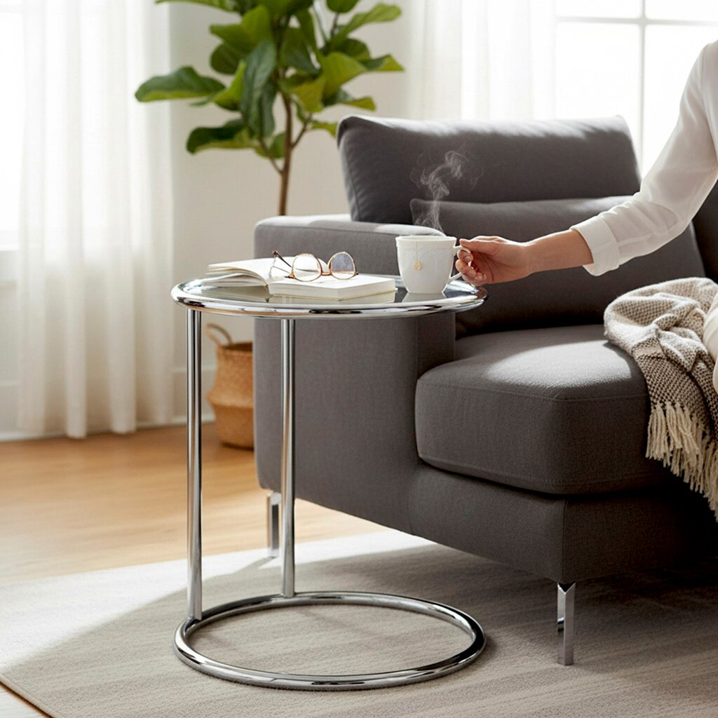 Runder Beistelltisch aus verchromtem Metall neben grauem Sofa, mit Buch, Brille und dampfender Tasse Perspektive: seitliche Ansicht auf Tisch und Sofaecke.