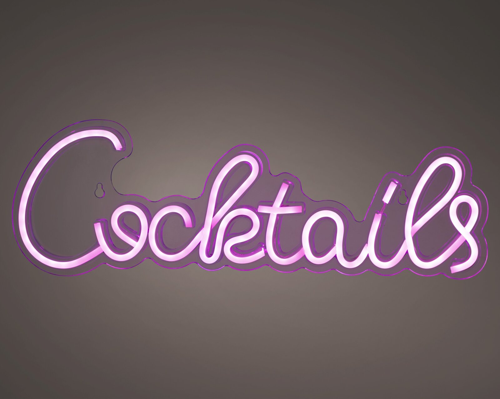 LED-neonverlichting met het opschrift 'Cocktails' in paars en wit, gezien vanaf de voorkant.