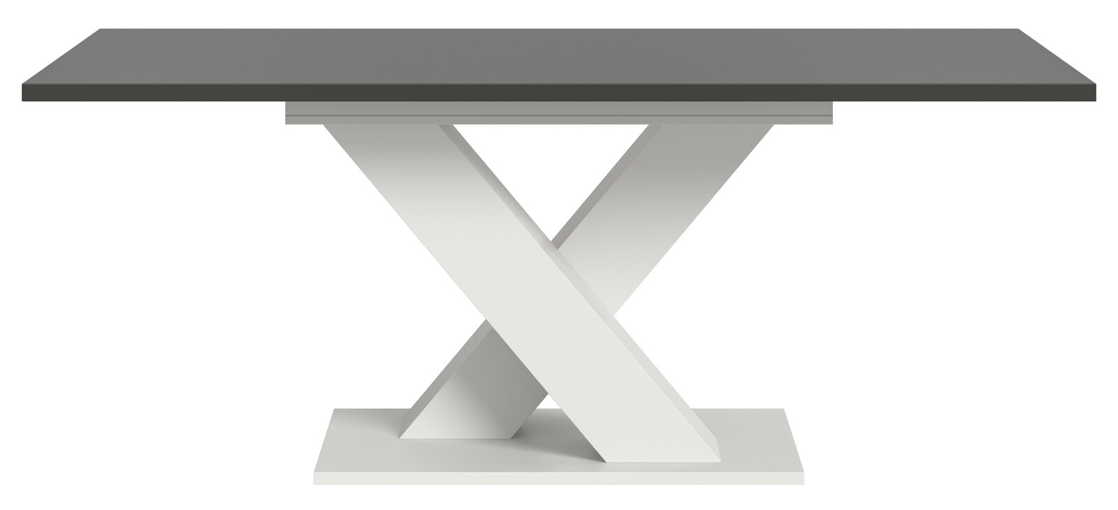 Moderner Esstisch mit grauer Tischplatte und weißem X-förmigem Gestell, Frontalansicht