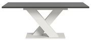 Moderner Esstisch mit grauer Tischplatte und weißem X-förmigem Gestell, Frontalansicht