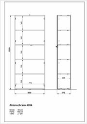 Zeichnung eines Aktenschranks der Serie MONTERIA mit den Maßen: Breite 80 cm, Höhe 196 cm, Tiefe 37 cm. Front- und Seitenansicht.