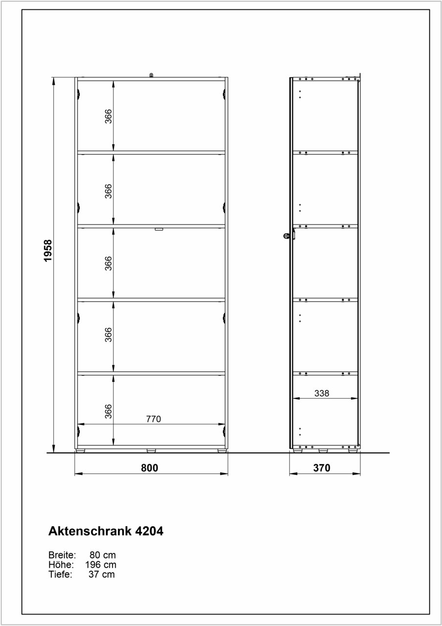 Zeichnung eines Aktenschranks der Serie MONTERIA mit den Maßen: Breite 80 cm, Höhe 196 cm, Tiefe 37 cm. Front- und Seitenansicht.