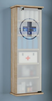 Wandmontierter Medizinschrank/Apothekenschrank aus hellem Holz mit matter Glastür, Kreuzsymbol und sichtbarem Schloss, frontal in leichter Seitenperspektive aufgenommen
