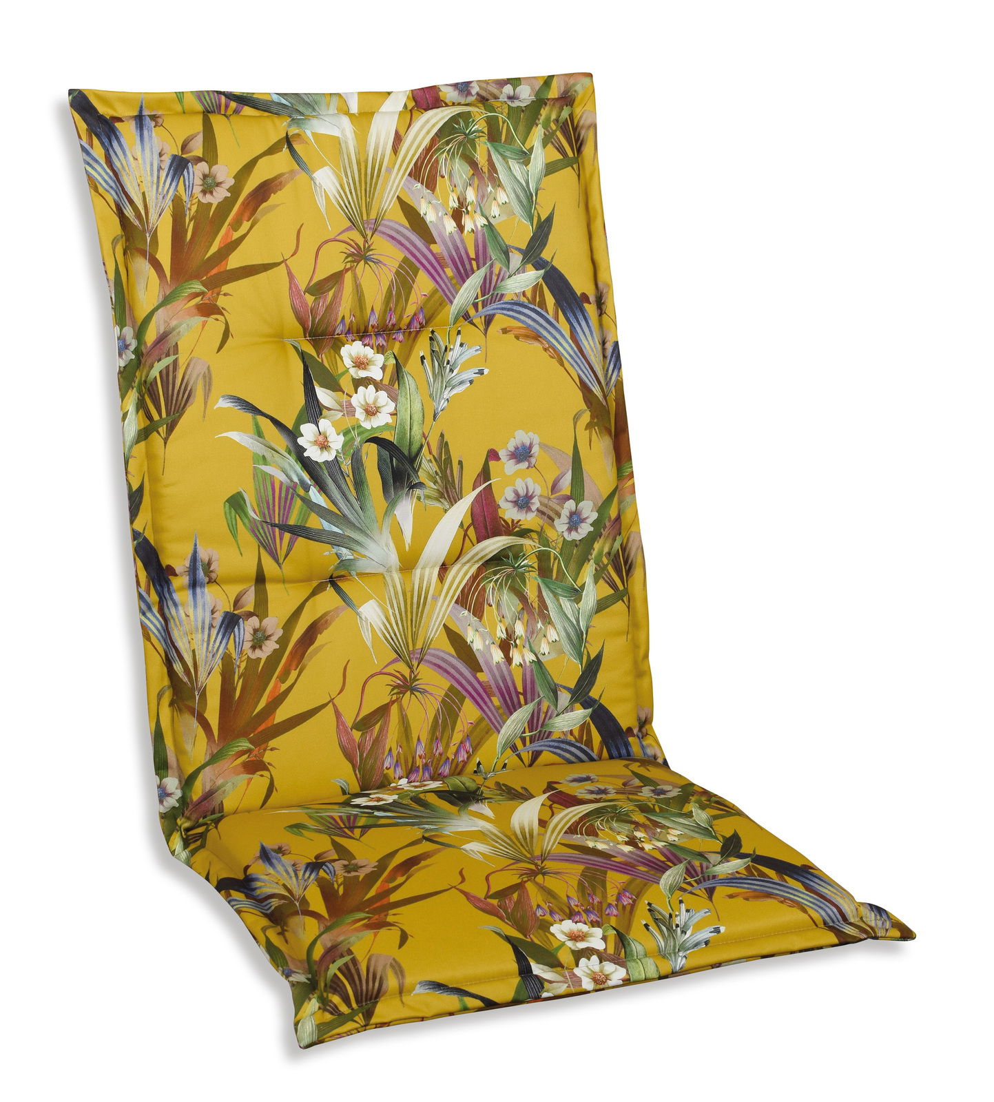 Schwienhorst Hochlehnerauflage NAPOLI Hochlehnerauflage mit tropischem Blumenmuster auf gelbem Hintergrund, seitliche Perspektive