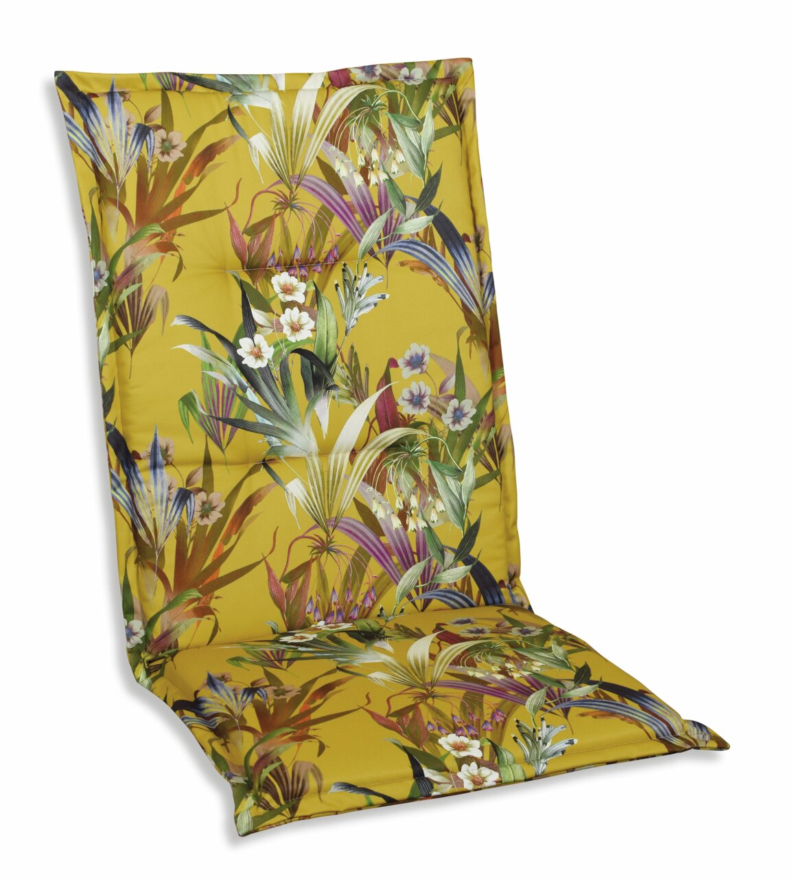 Hochlehnerauflage mit tropischem Blumenmuster auf gelbem Hintergrund, seitliche Perspektive