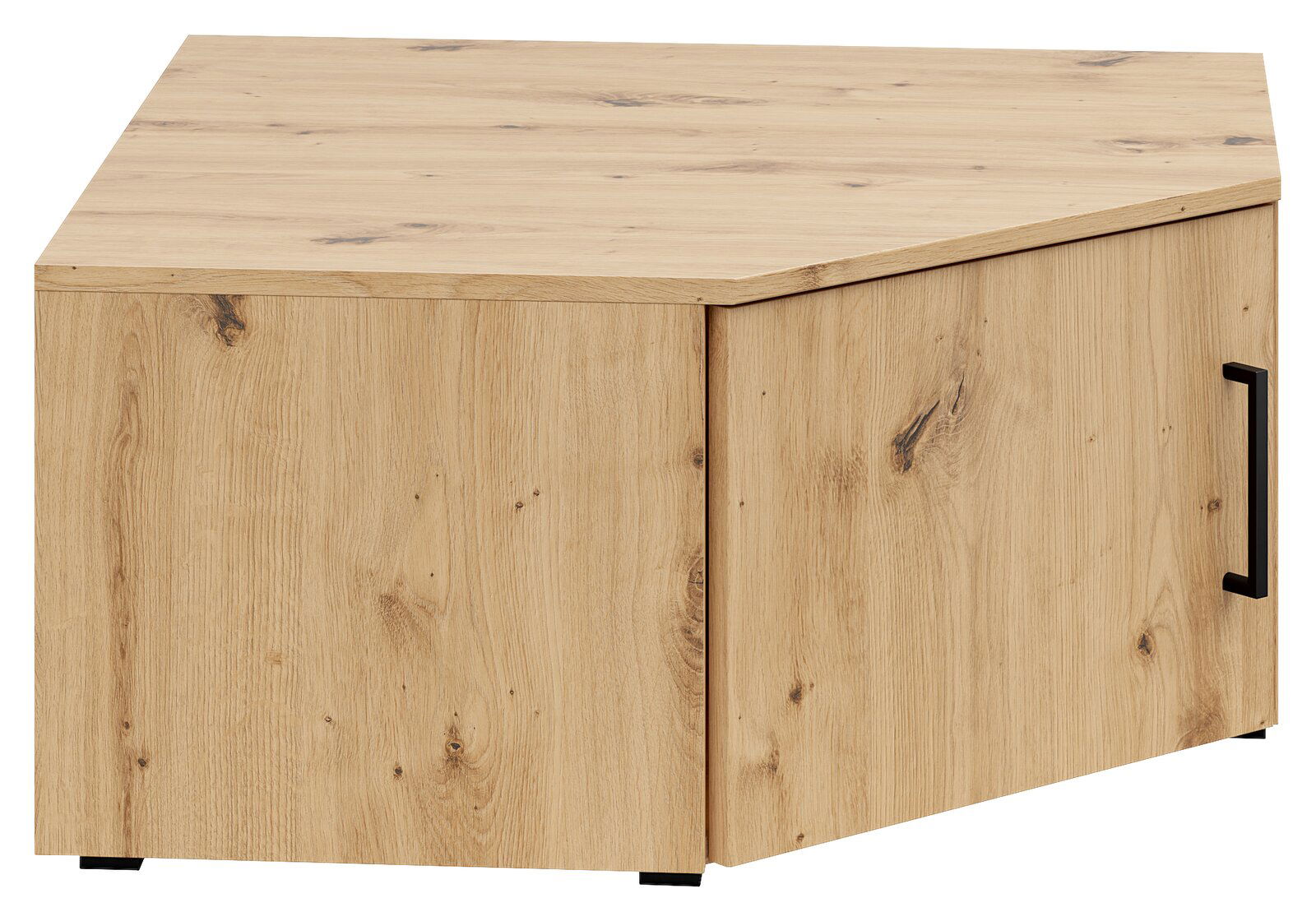 Eckaufsatzschrank aus Holz in Eichenoptik, perspektivisch von vorne rechts gesehen