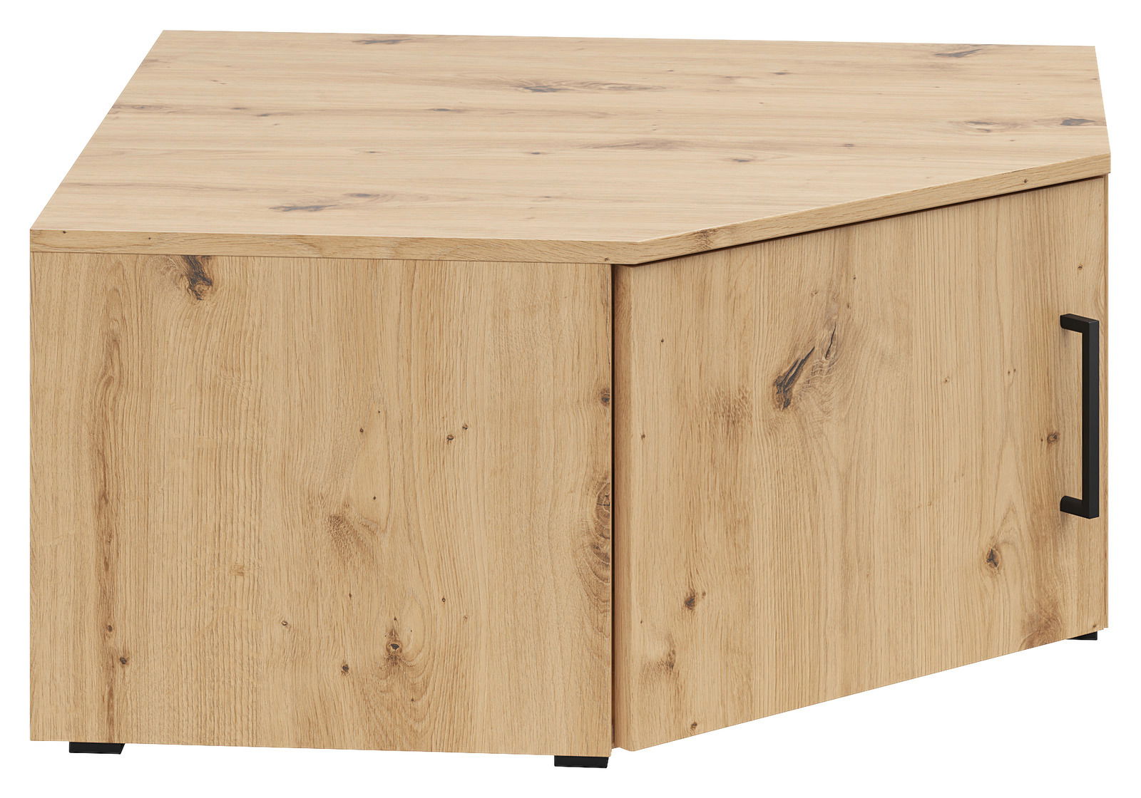 Eckaufsatzschrank aus Holz in Eichenoptik, perspektivisch von vorne rechts gesehen