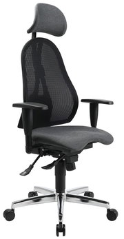 Ergonomischer Drehstuhl mit Netzrückenlehne und Kopfstütze, seitliche Perspektive