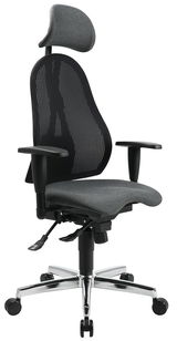 Ergonomischer Drehstuhl mit Netzrückenlehne und Kopfstütze, seitliche Perspektive